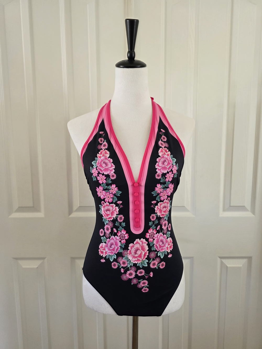 Johnny Was Blum Floral Halter One Piece Swimsuit Black Pink Floral Size M - Picture 2 of 14